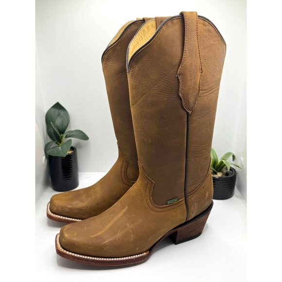 McAllen Women's Leather Western Cowboy Boots Tan Square Toe - Picture 13 of 14